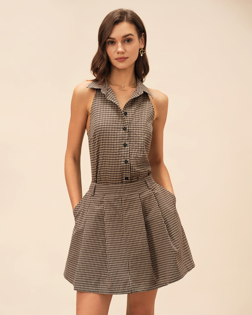 Ruched Brown Plaid Skirt