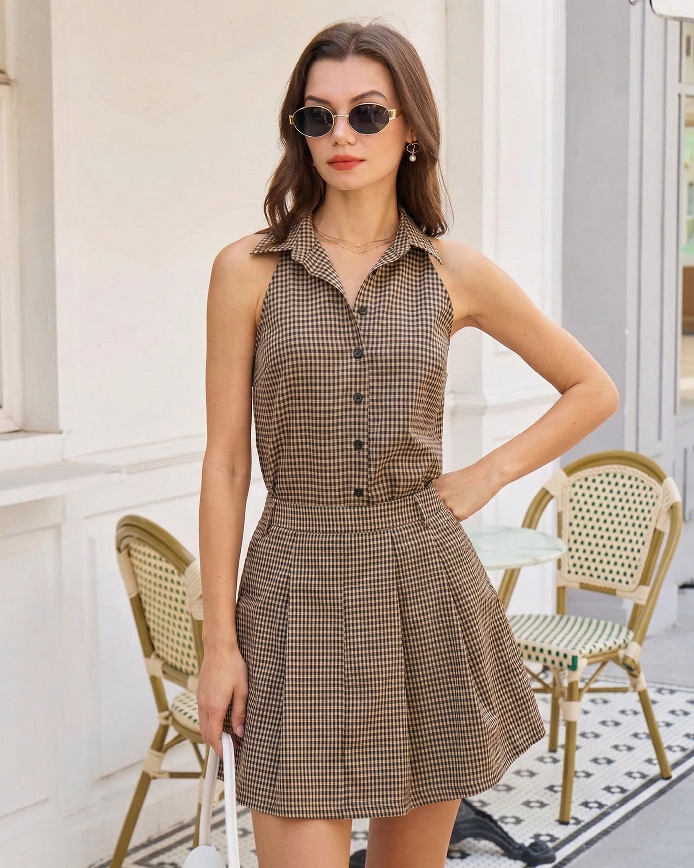 Ruched Brown Plaid Skirt