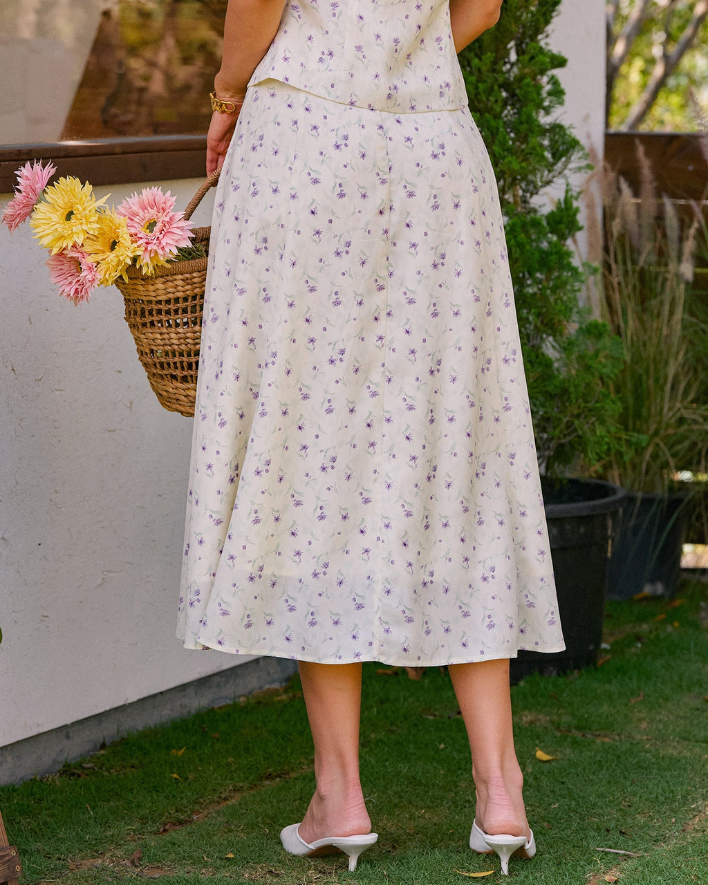 Floral Print Beige Midi Skirt with Slit