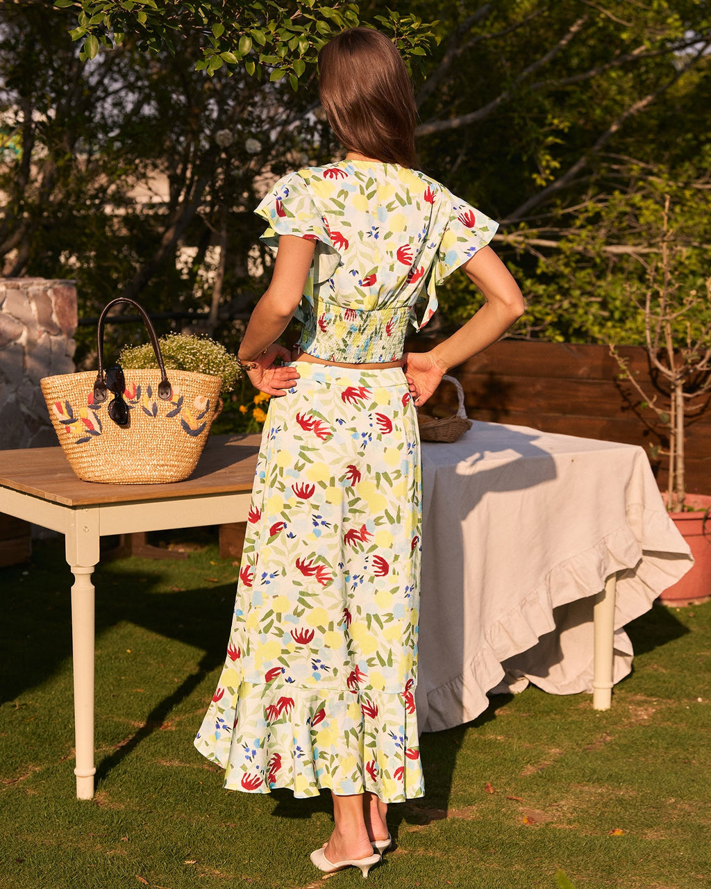 Floral Ruffled A-Line Midi Skirt
