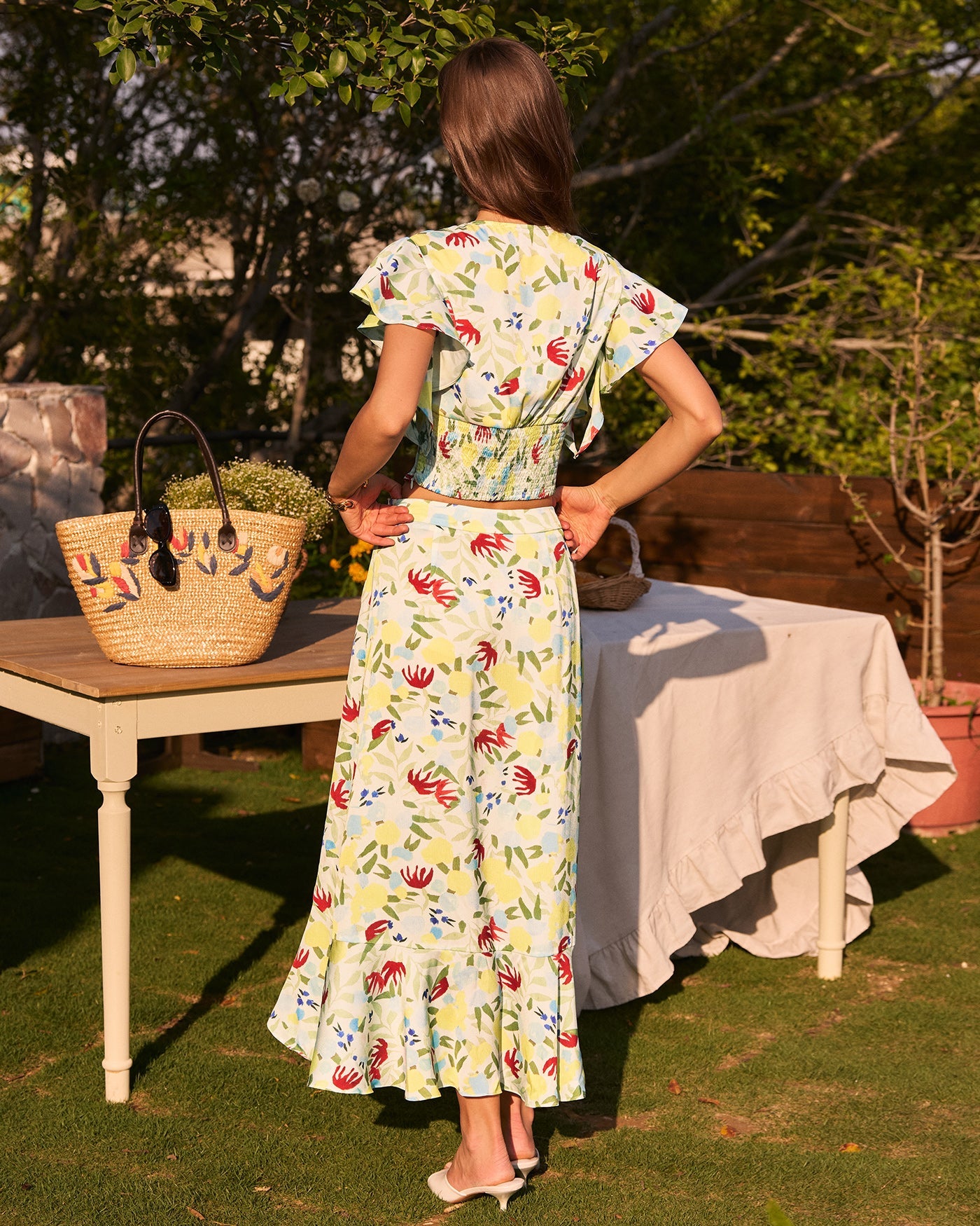 Floral Ruffled A-Line Midi Skirt
