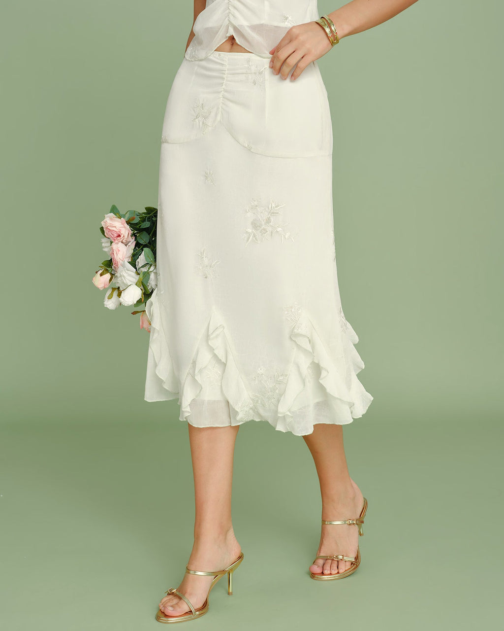 Embroidered Apricot Ruffle Midi Skirt