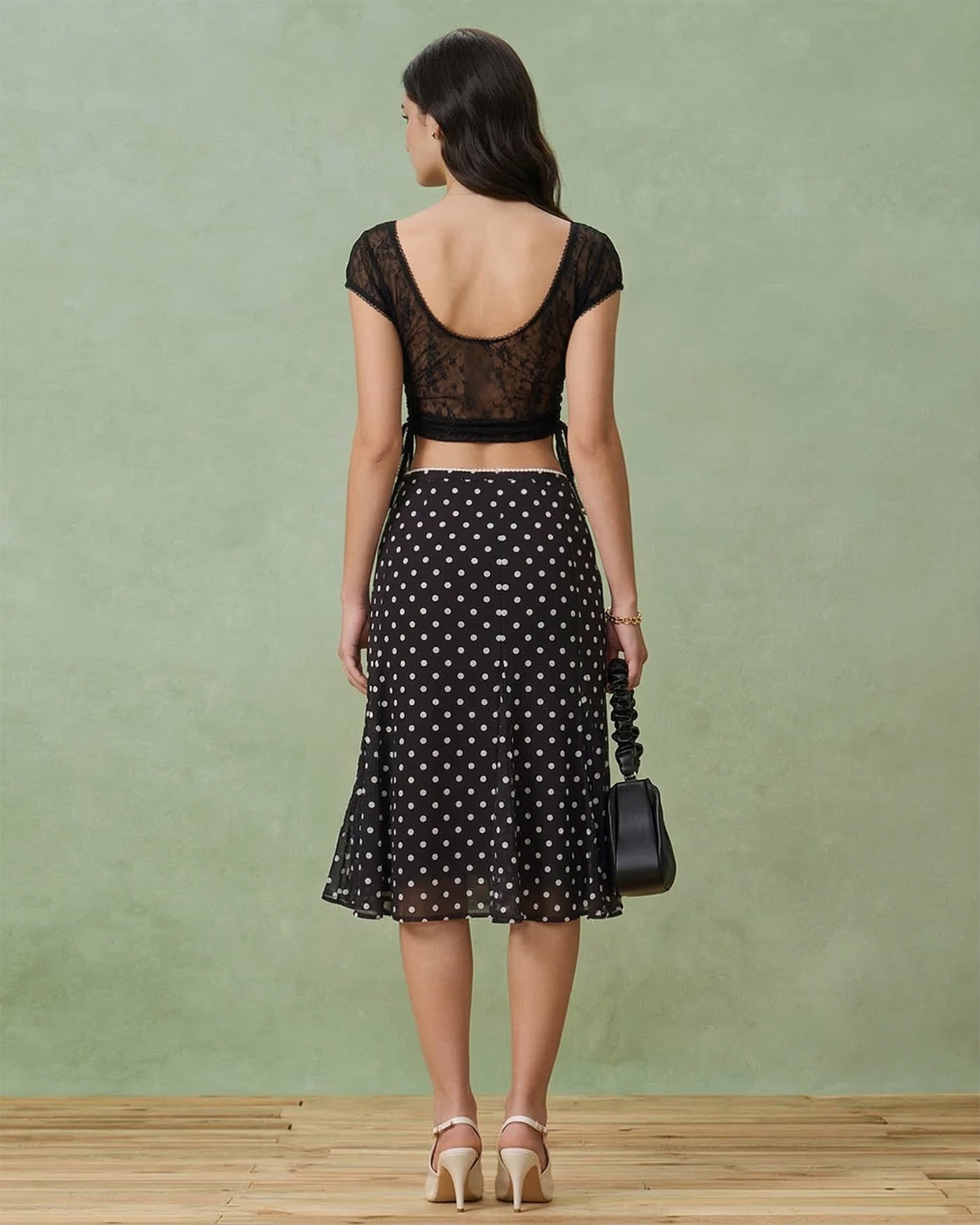 Polka Dot Mermaid Midi Skirt in Black