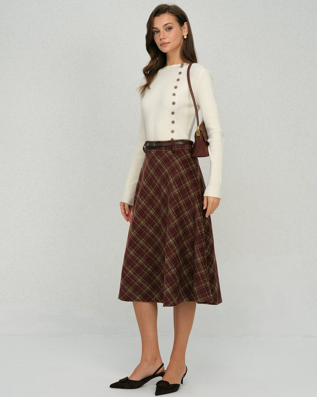 Floral Midi Skirt in Red Plaid