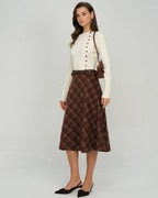 Floral Midi Skirt in Red Plaid