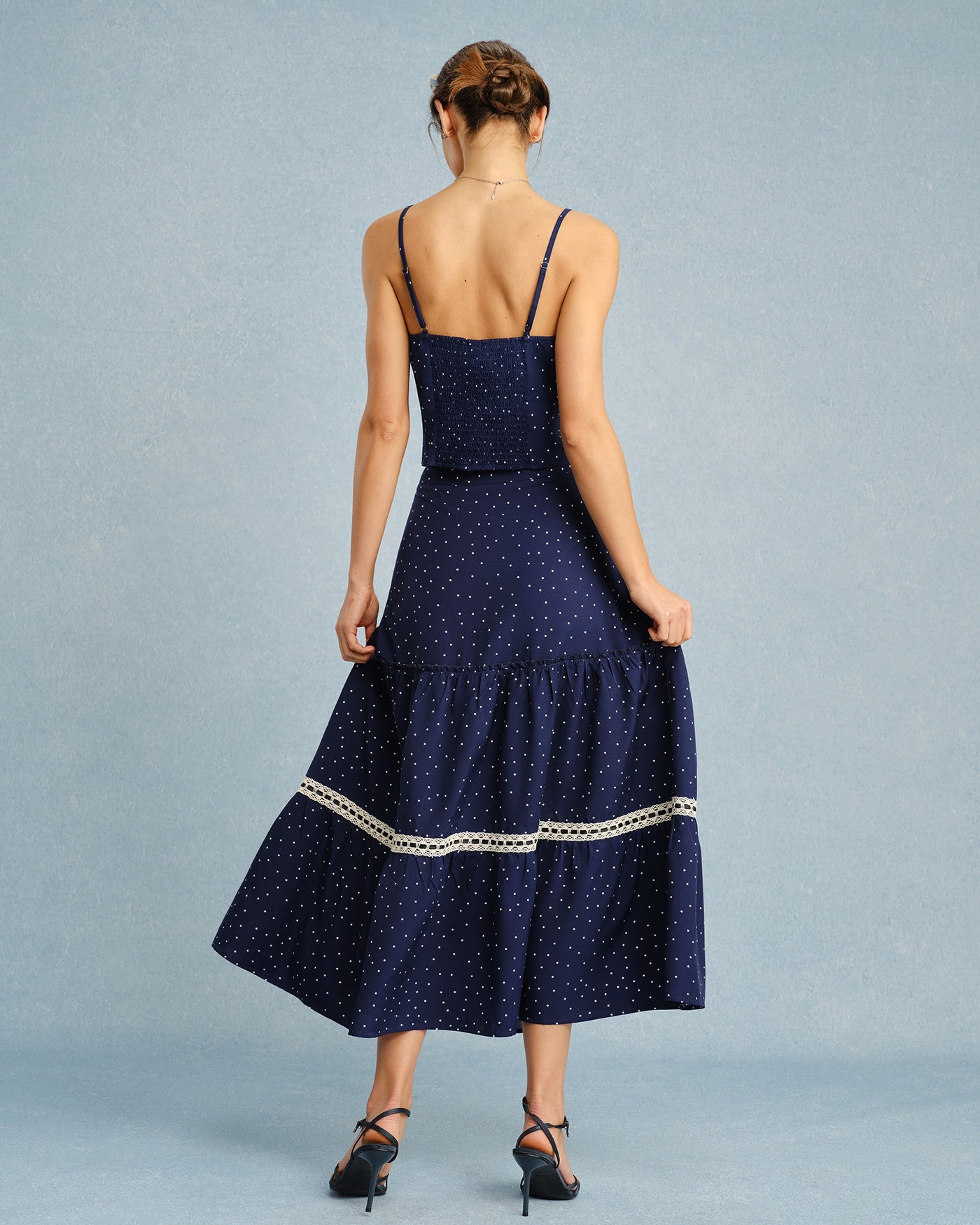 Navy Lace Midi Skirt with Polka Dot Design