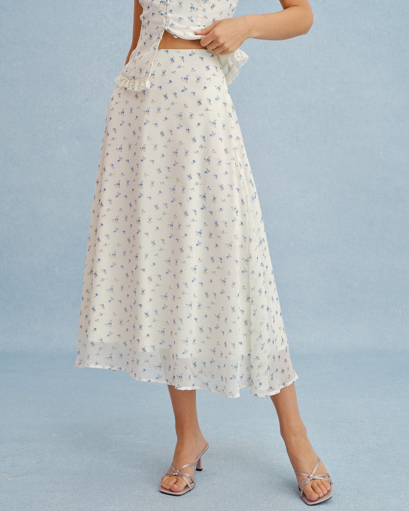 Floral Print Beige Chiffon Midi Skirt