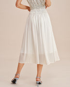 White Lace-Trimmed Elastic Waist Midi Skirt