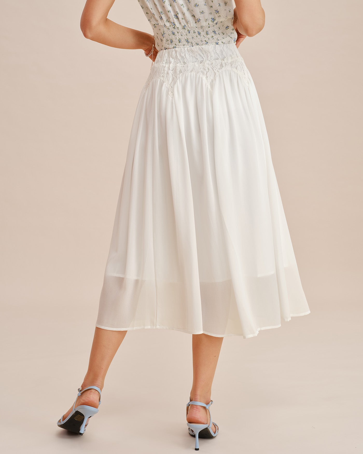 White Lace-Trimmed Elastic Waist Midi Skirt