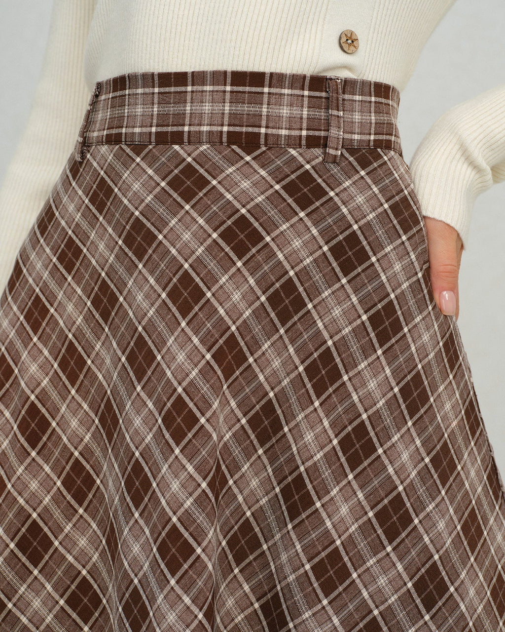 Floral A-Line Midi Skirt in Brown Plaid