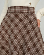 Floral A-Line Midi Skirt in Brown Plaid