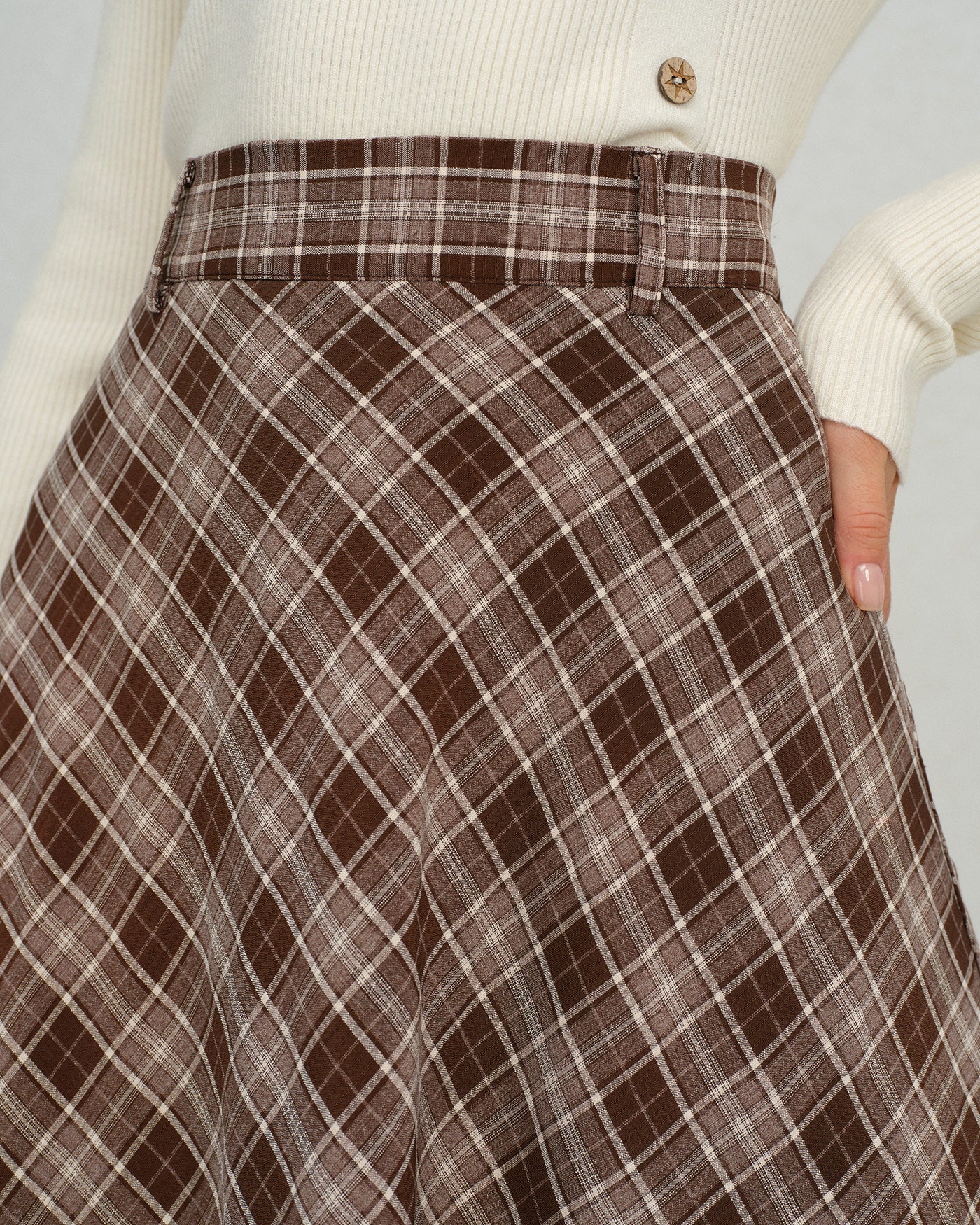 Floral A-Line Midi Skirt in Brown Plaid