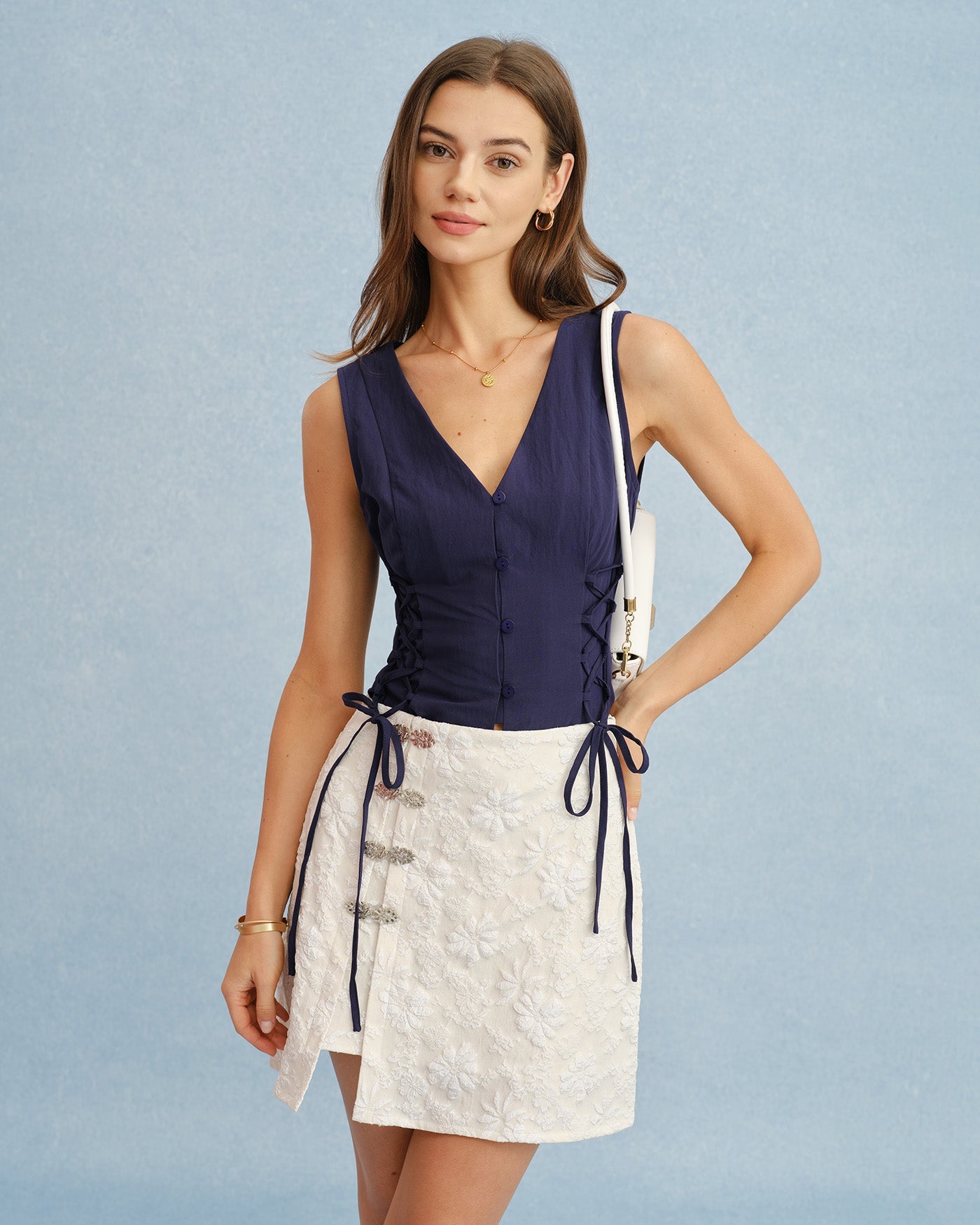 Apricot Jacquard Mini Skirt with Slit Detail