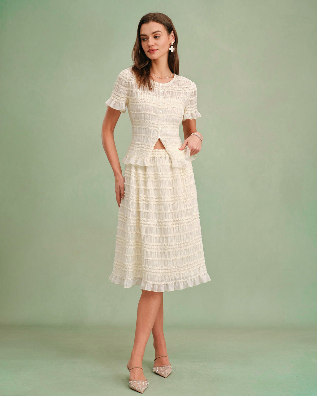 Apricot Shirred Midi Skirt with Elastic Waist