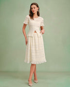 Apricot Shirred Midi Skirt with Elastic Waist