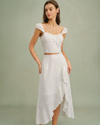 Polka Dot Midi Skirt with White Ruffles