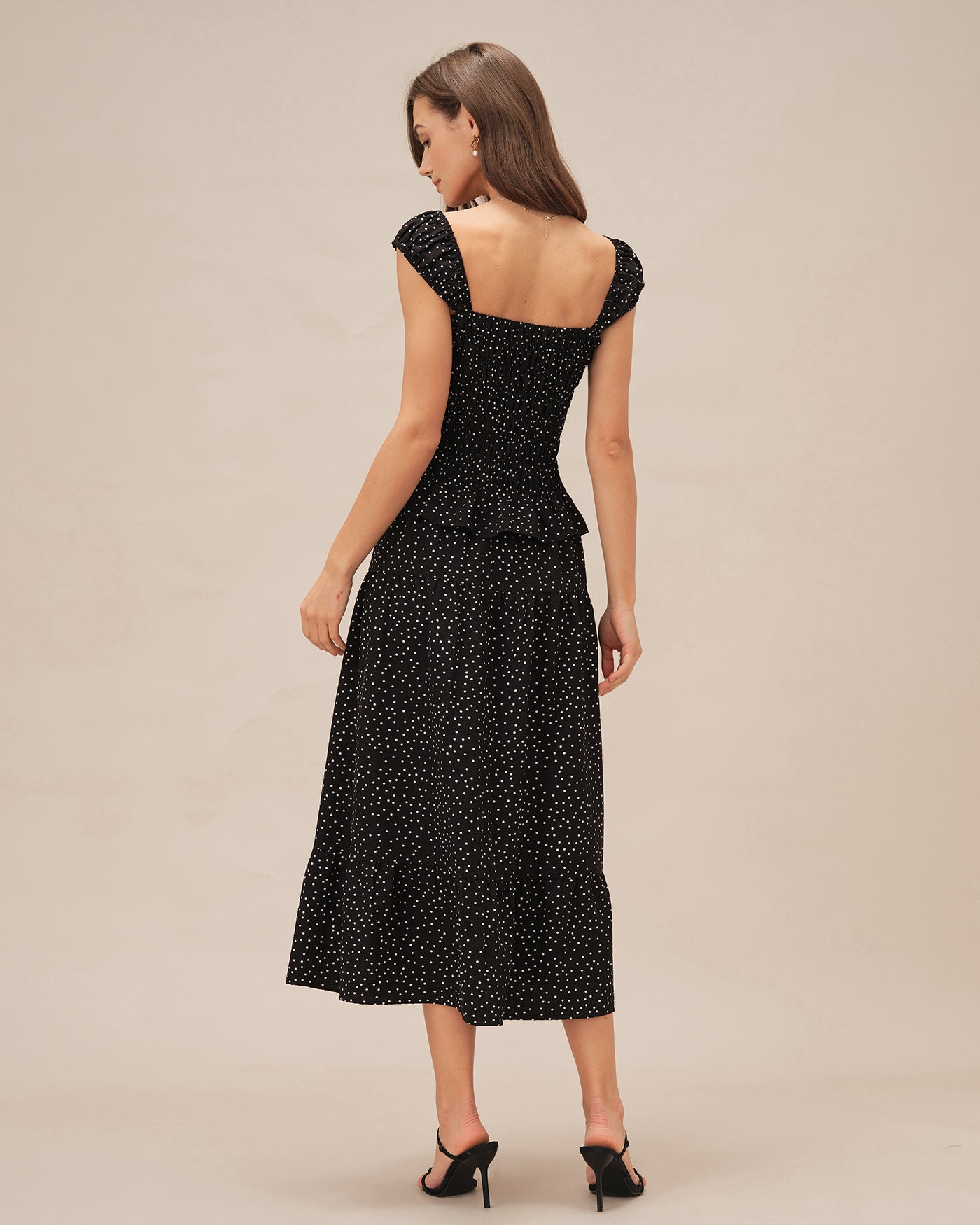 Ruched Midi Skirt with Black Polka Dots