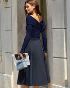 Navy Midi Skirt with A-Line Cut and Pockets