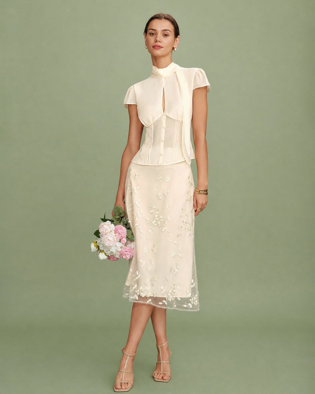 Apricot Floral Embroidered Mesh Midi Skirt