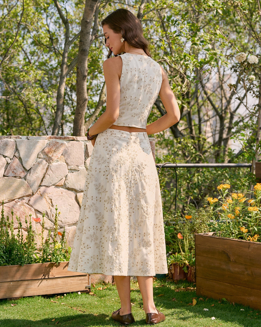 Embroidered Midi Skirt in Beige