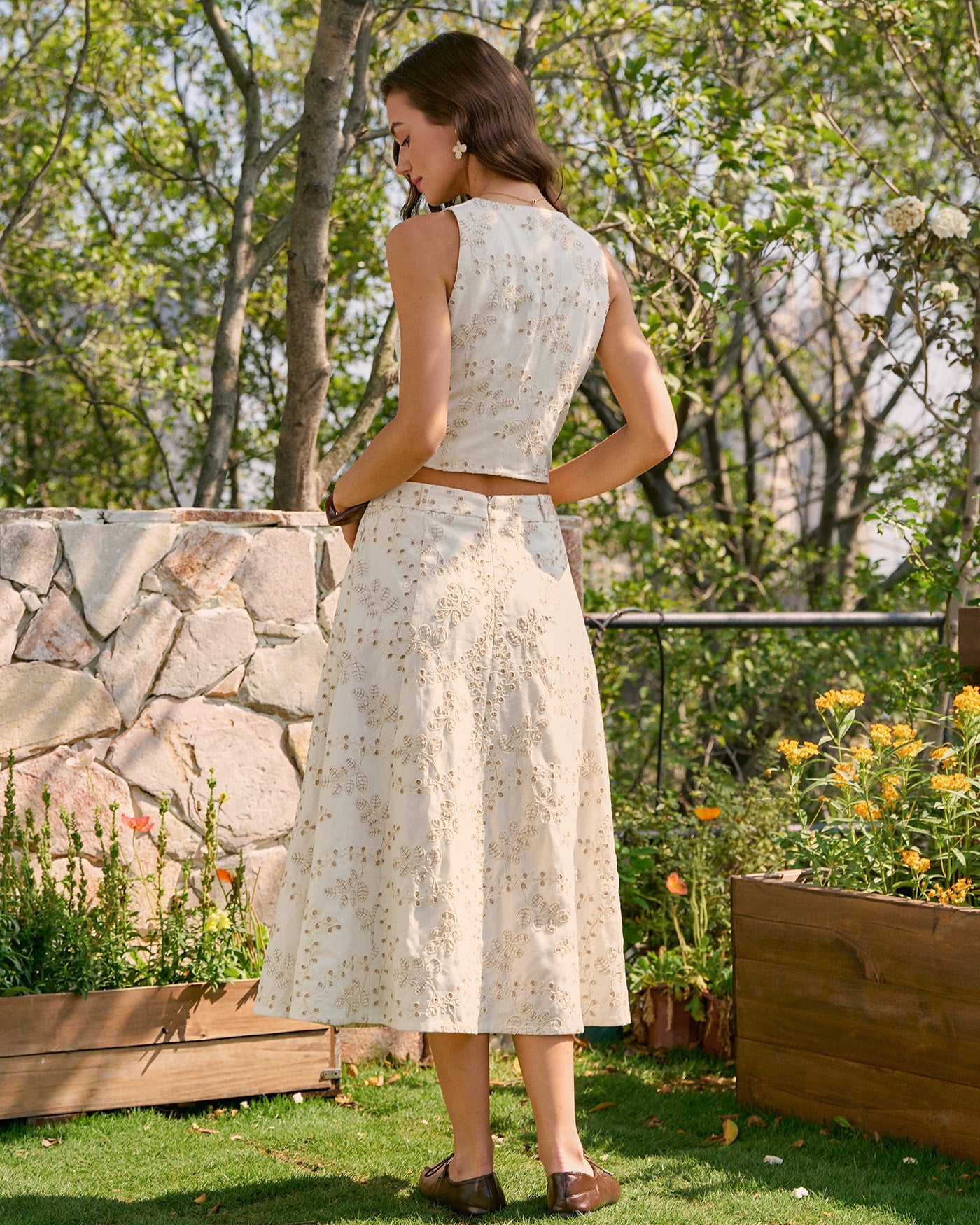 Embroidered Midi Skirt in Beige