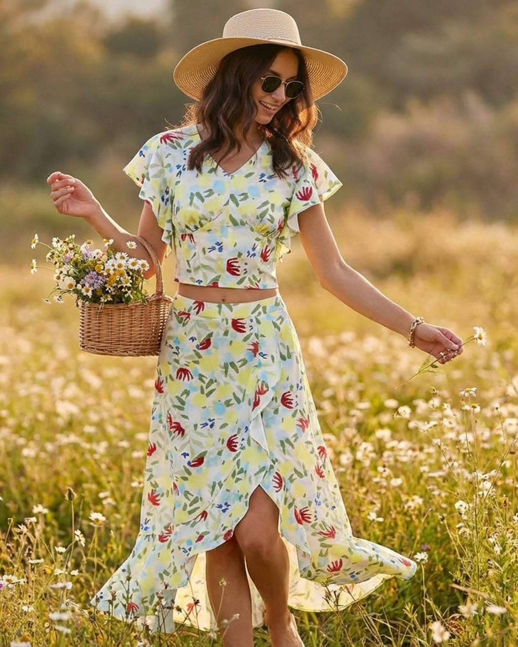 Floral Ruffled A-Line Midi Skirt