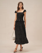 Ruched Midi Skirt with Black Polka Dots