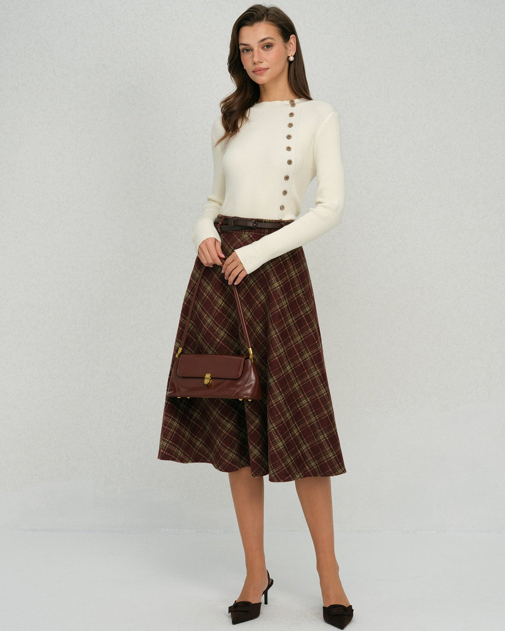 Floral Midi Skirt in Red Plaid