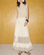 Apricot Lace Midi Skirt with Elastic Waist