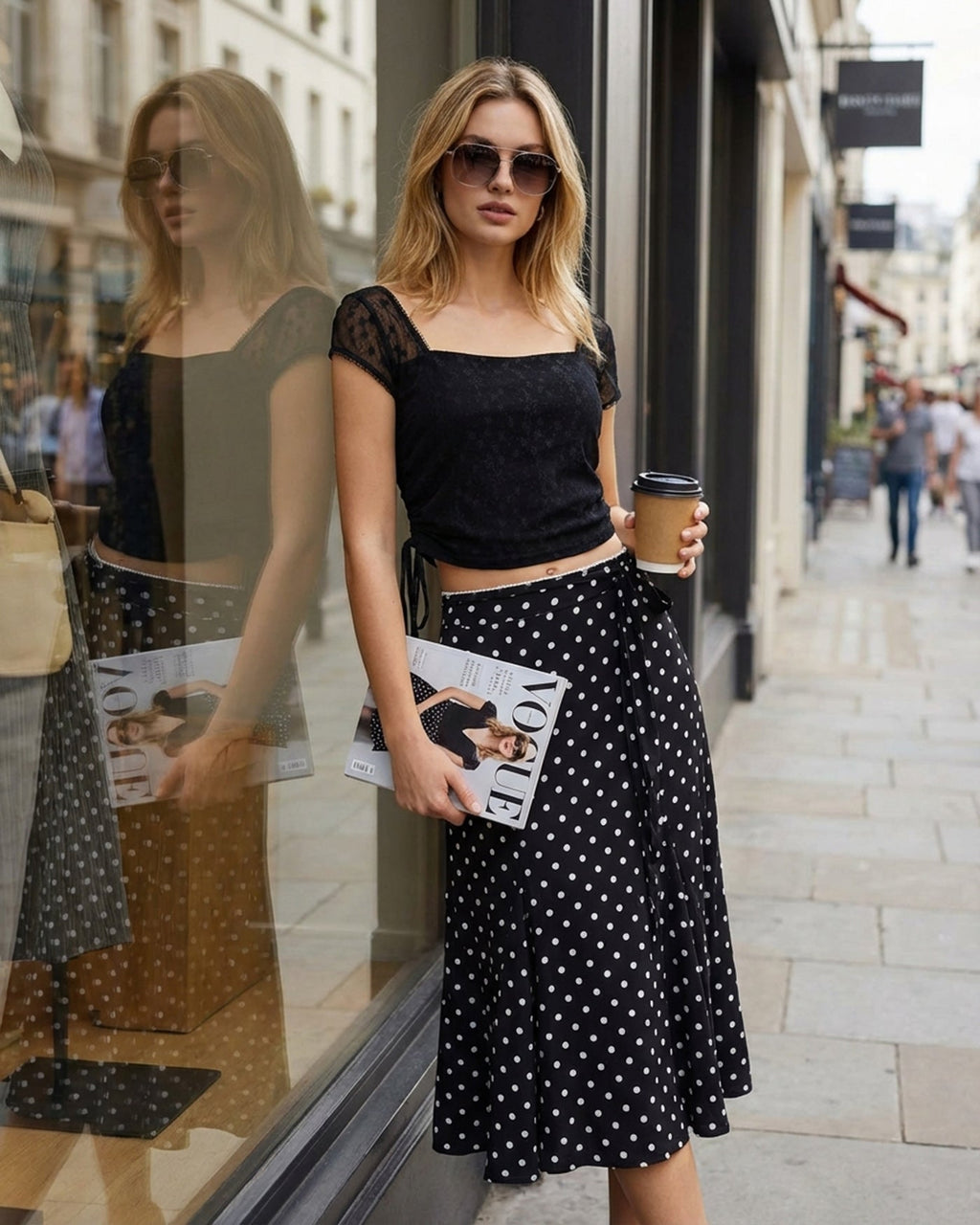 Polka Dot Mermaid Midi Skirt in Black