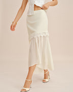 Flowy Midi Skirt with Off-White Splicing