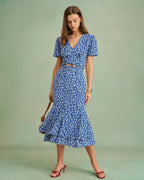 Floral Print Blue Mermaid Midi Skirt