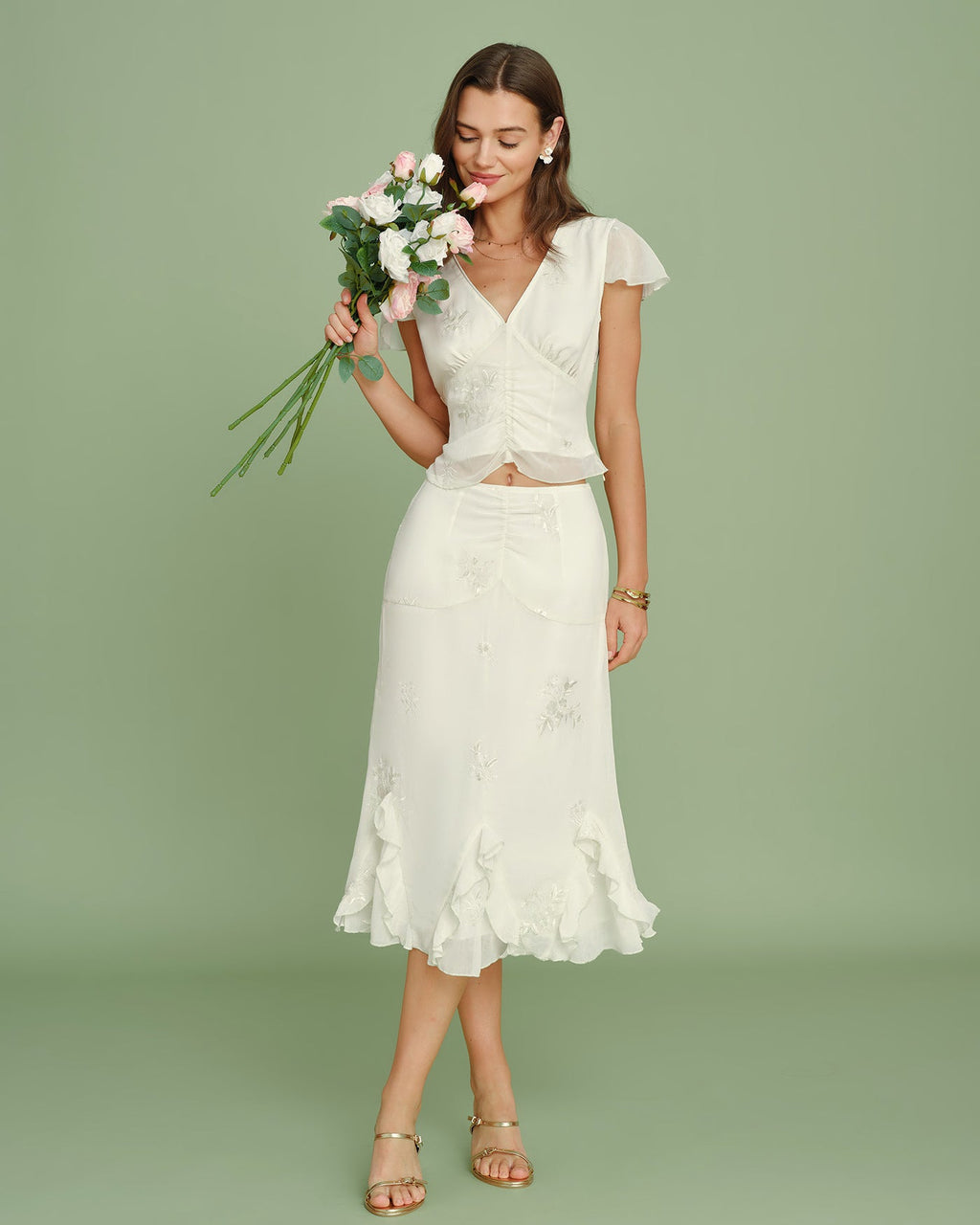 Embroidered Apricot Ruffle Midi Skirt