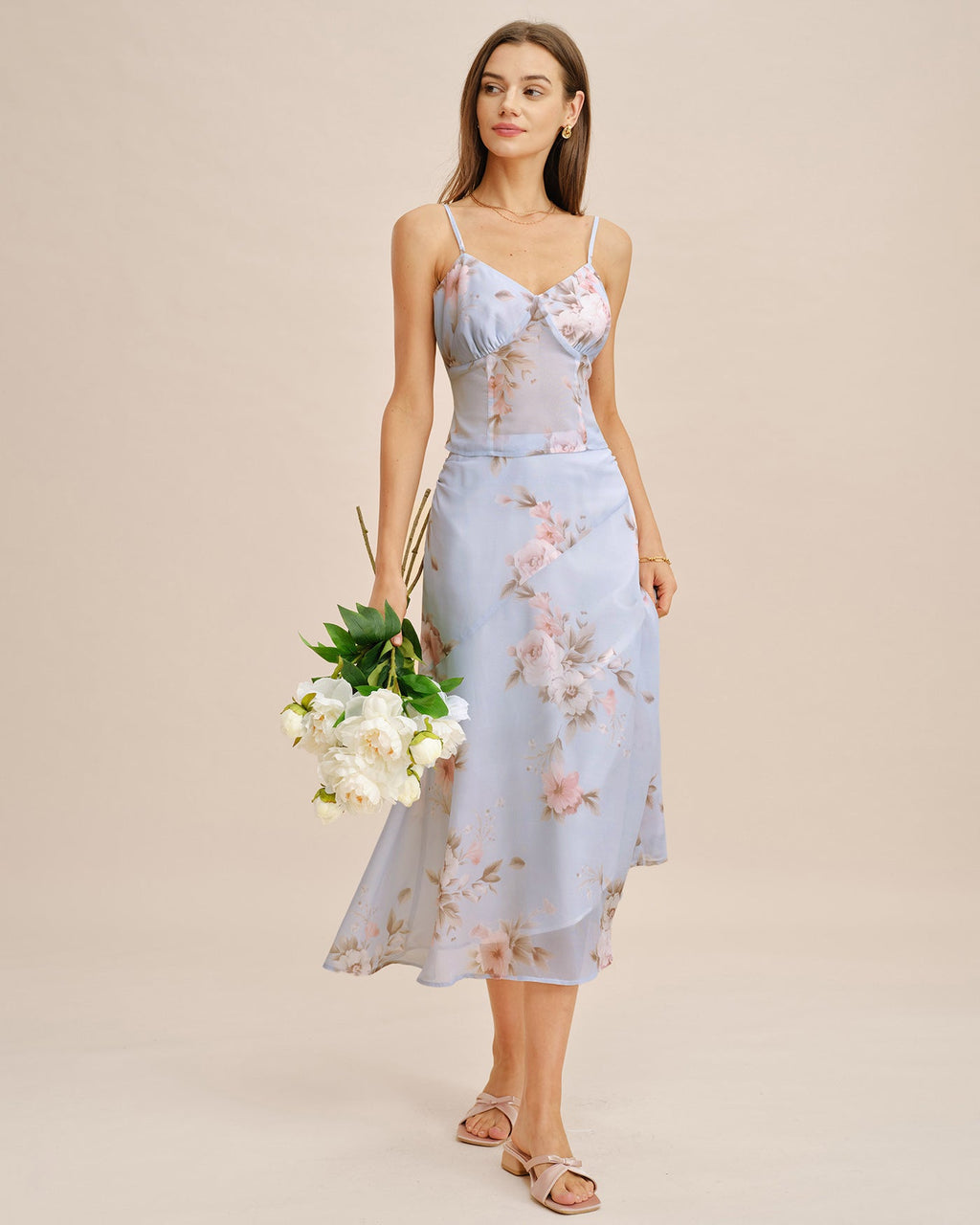 Light Purple Floral Print A-Line Midi Skirt