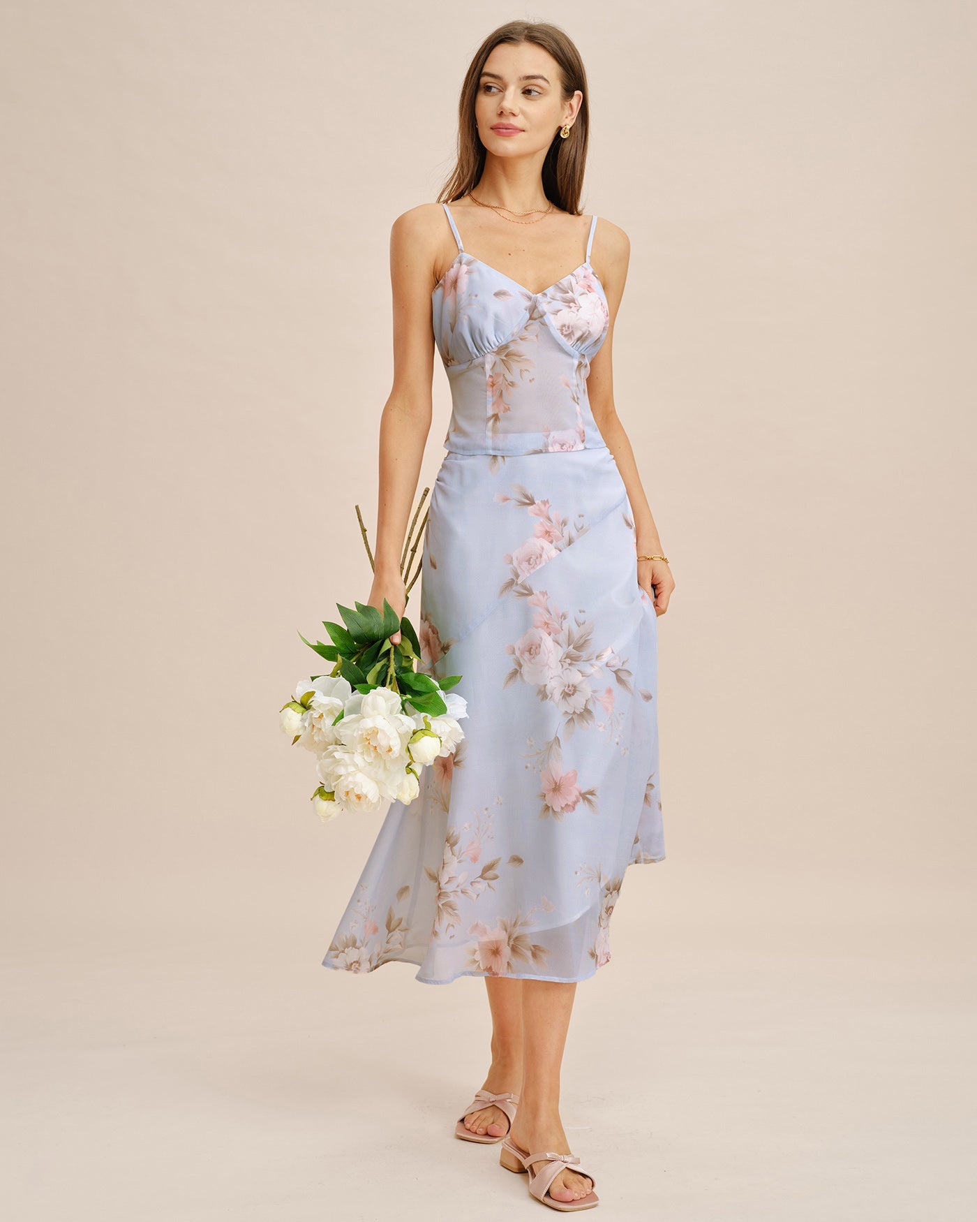 Light Purple Floral Print A-Line Midi Skirt