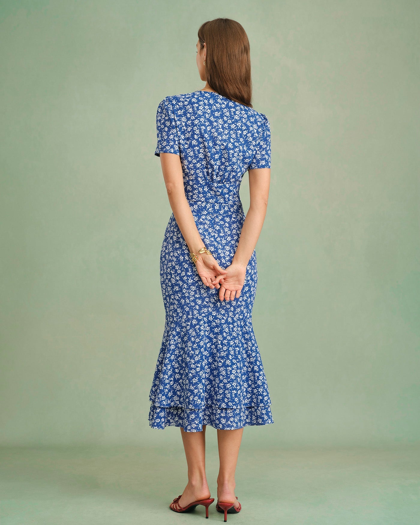 Floral Print Blue Mermaid Midi Skirt