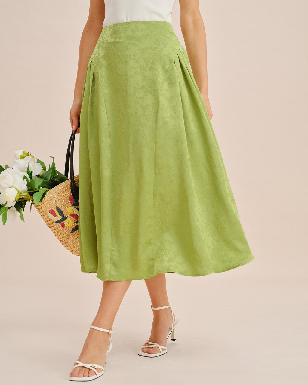 Emerald Jacquard Ruched Satin Midi Skirt