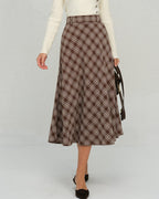 Floral A-Line Midi Skirt in Brown Plaid