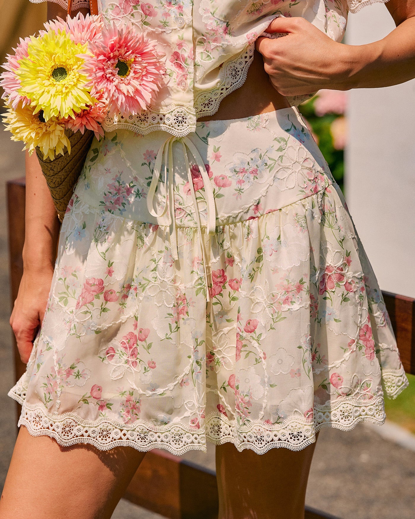 Floral Lace Mini Skirt with Tie Detail