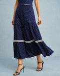 Navy Lace Midi Skirt with Polka Dot Design