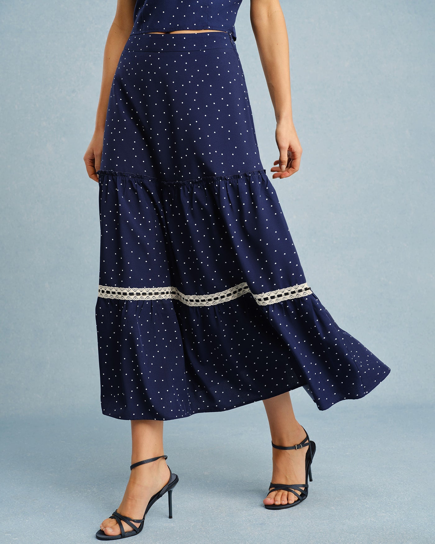 Navy Lace Midi Skirt with Polka Dot Design