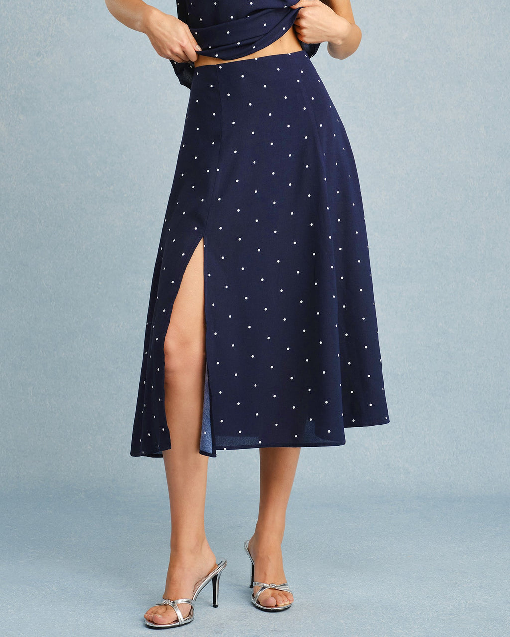 Navy Polka Dot Midi Skirt with Slit