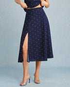 Navy Polka Dot Midi Skirt with Slit