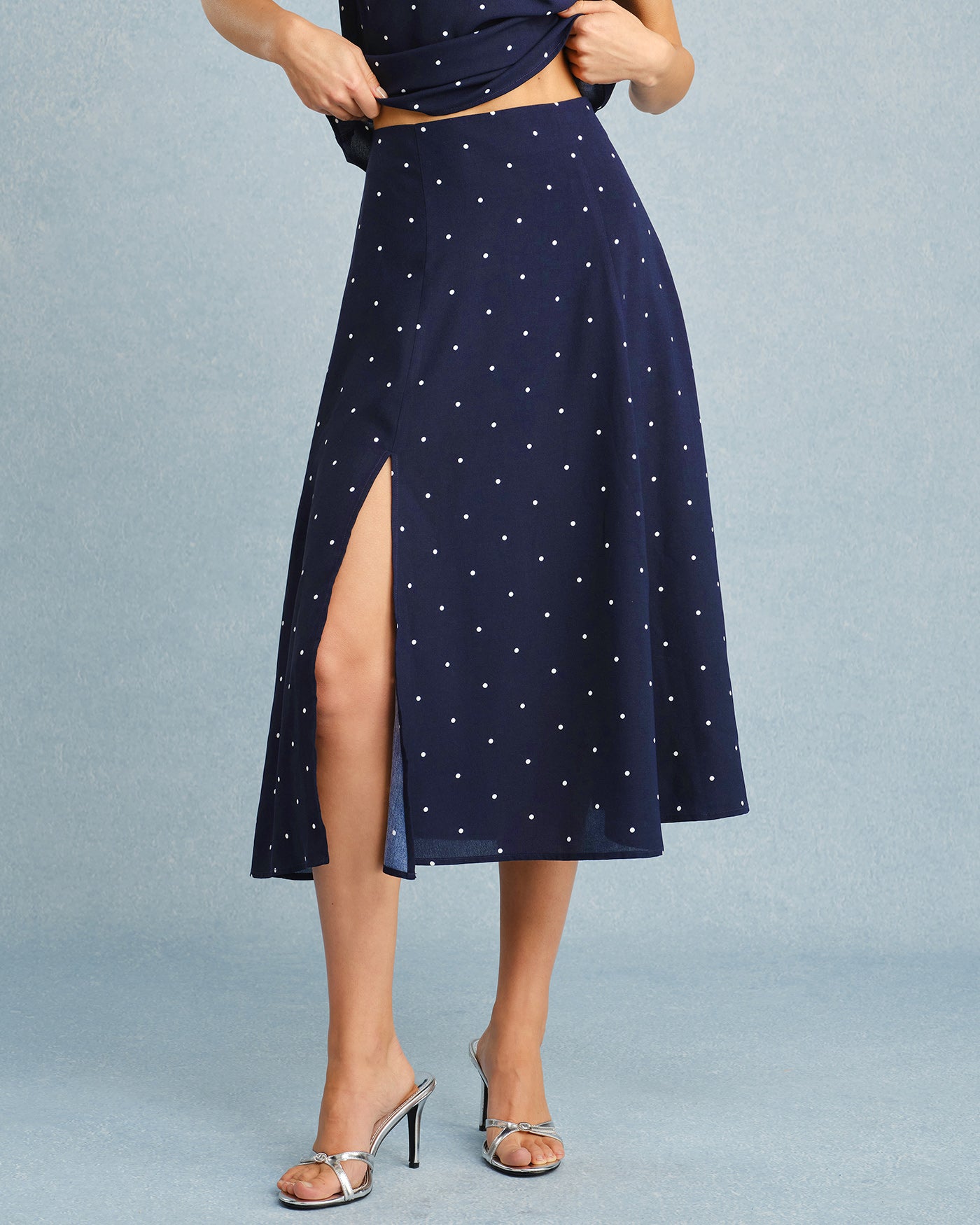 Navy Polka Dot Midi Skirt with Slit