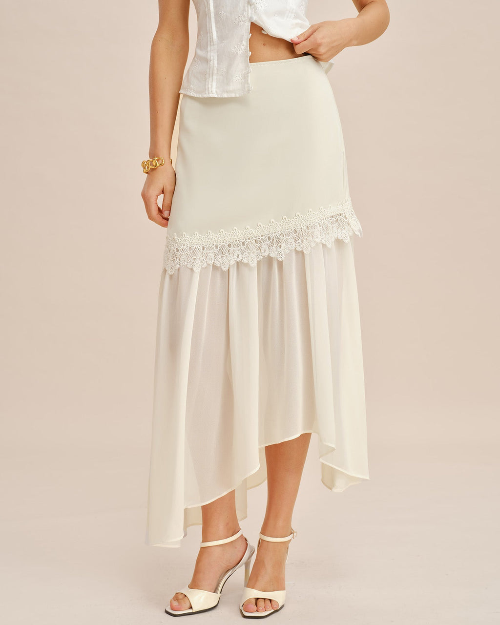 Flowy Midi Skirt with Off-White Splicing
