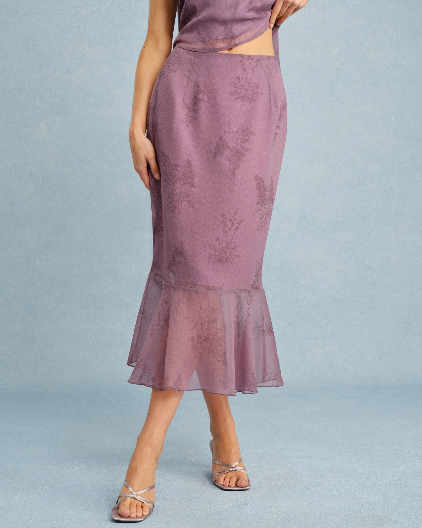 Floral Print Purple Mermaid Midi Skirt