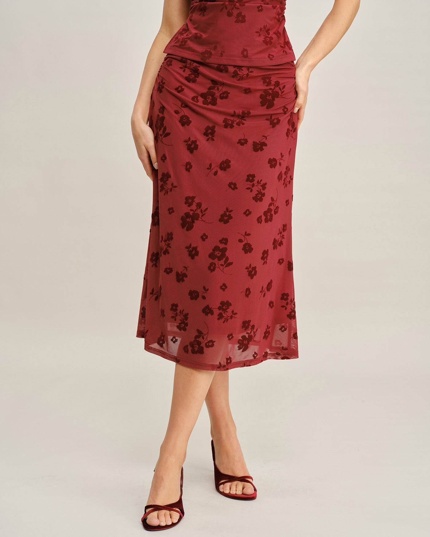Crimson Floral Mermaid Midi Skirt