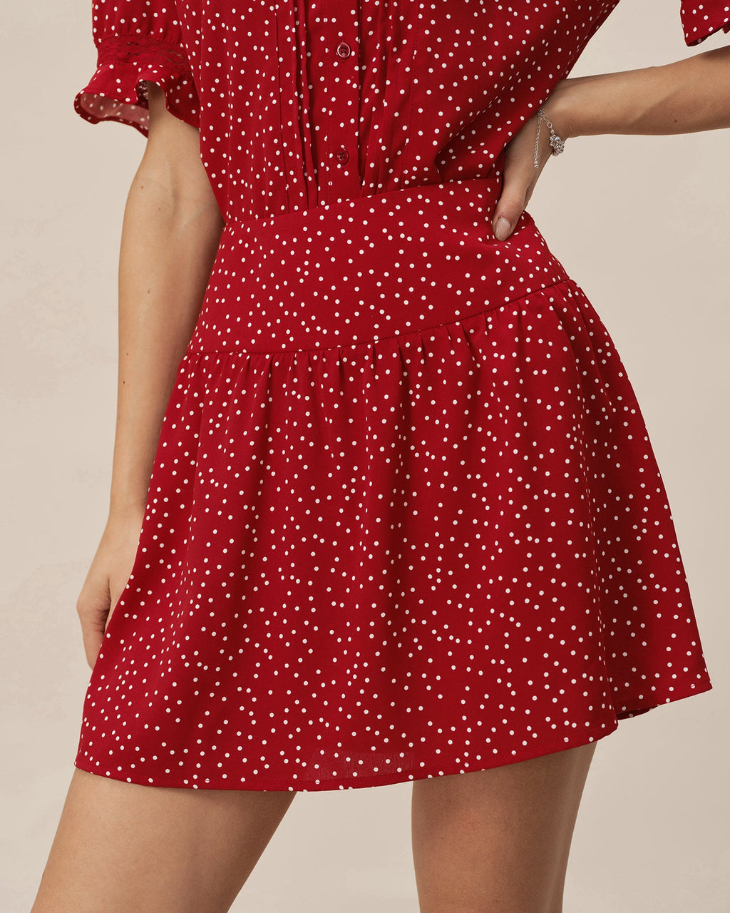 Ruched Mini Skirt with Red Polka Dots