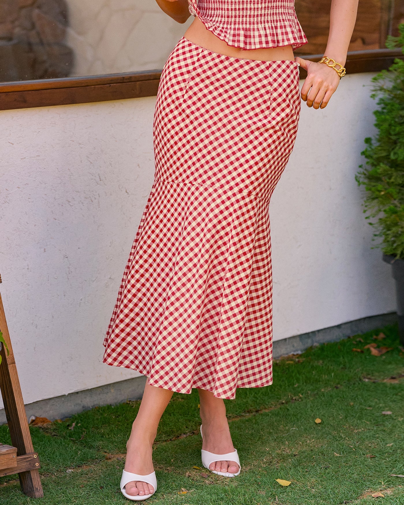 Crimson Plaid Mermaid Midi Skirt