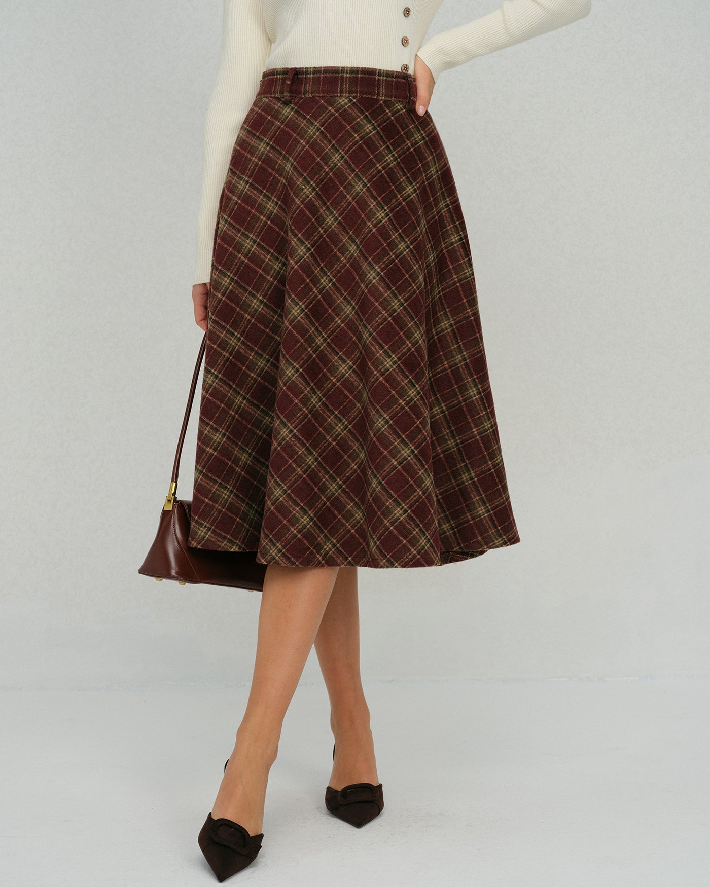 Floral Midi Skirt in Red Plaid